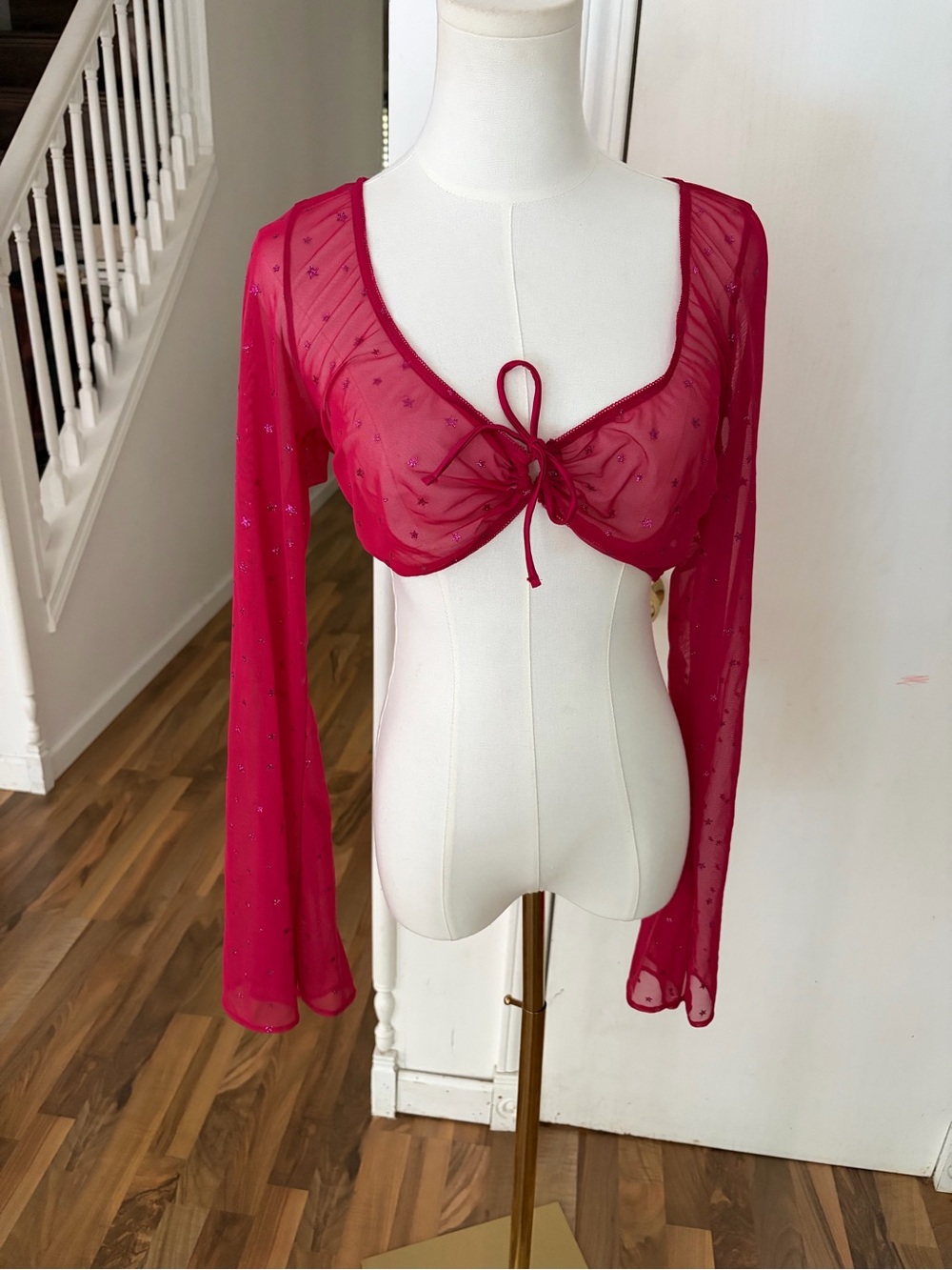 Savage X Fenty Sheer Tie-Front Long Sleeve Fuchsia Pink Stars, Large, Like New